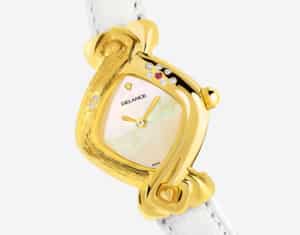 Die Uhr für die Braut : Paloma: Golduhr mit 8 Diamanten und einem Rubinen, Zifferblatt Perlmutter weiss, vergoldete Hände, Goldcabochon Lederarmbanduhr weiss