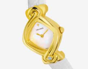 Die Uhr für die Braut : Orchidée: Golduhr, Zifferblatt Perlmutter weiss, vergoldete Hände, Goldcabochon mit opale weiss, Armband Alligator weiss