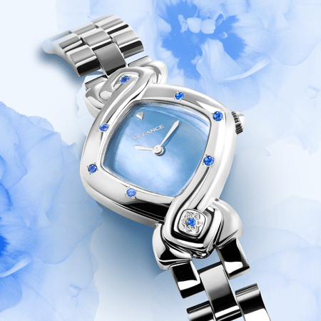 feminine watch - Ashta Laxmi: Steel watch set with 7 sapphires, blue mother-of-pearl dial, nickel-plated hands, steel cabochon with a sapphire, steel link strap