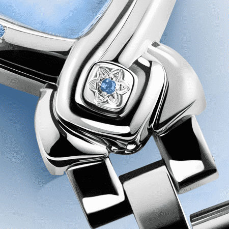 Elegante feminine Uhren für Damen: Ashta Laxmi: Stahlduhr mit 7 Saphiren, Zifferblatt Perlmutter blau, vernickelte Hände, Stahlcabochon mit Saphir, PerlmutterArmband aus Stahl.
