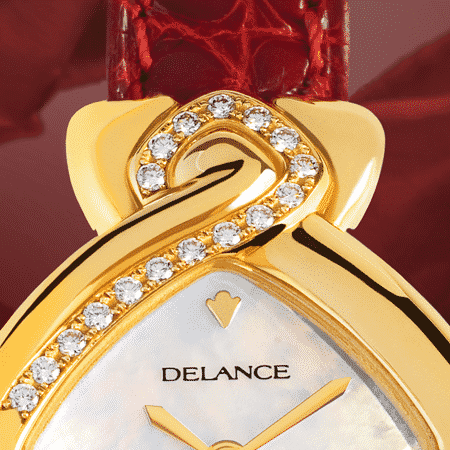 original womens watch - Au cœur de la rose: Gold watch set with 17 diamonds, white mother-of pearl dial, gold-plated hands, gold cabochon with a ruby, red wine alligator strap
