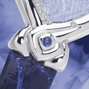 Uhren für Frauen Geburtstag : Birthday Stahluhr mit 17 Diamanten, Luz Zifferblatt blau, vernickelte Hände, Stahlcabochom mit einem Saphir , Armband aus Alligator dunkelblau