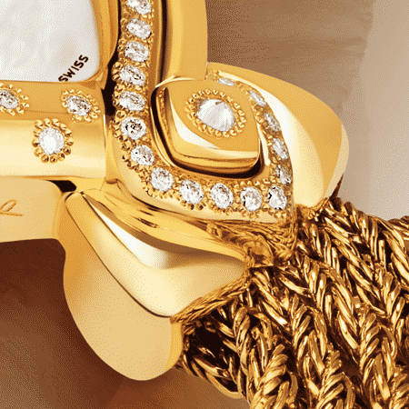 Damengolduhren mit Diamanten: Cybèle: Luxus Uhr aus Gold mit 60 Diamanten, Zifferblatt Perlmutter weiss, vergoldete Hände, Goldcabochon mit einem Diamanten, Goldarmband Cascade
