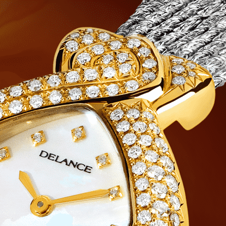 jewelry wrist watches for women - Diva: Gold watch set with 141 diamonds, white mother-of pearl dial with 12 diamond hour indices, gold-plated hands, steel cabochon with a white opal, white gold cascade bracelet