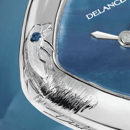 Damenuhren Eleganz für Frauen: Dolphin: Stahluhr, Zifferblatt Perlmutter blau, vernickelte Hände, Stahlcabochon mit einem Diamanten Armband aus Alligator blau