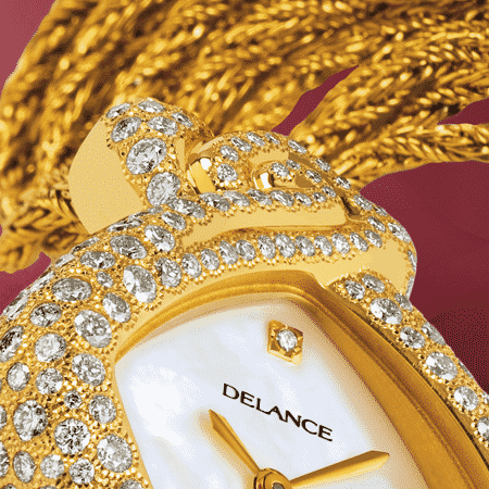 women's diamond watches - Eclat de rire: Gold watch set with 242 diamonds, white mother-of pearl dial, gold-plated hands, gold cabochon with a diamond, yellow gold cascade bracelet