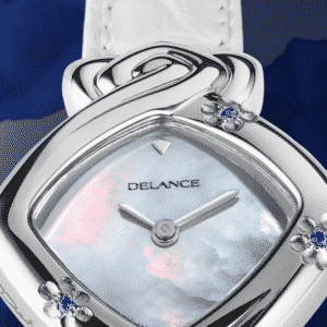 White watches for women - Edelweiss: Steel watch set with 3 blue sapphires in the form of a flower, white mother-of pearl dial, nickel-plated hands, steel cabochon with a sapphire, white alligator strap