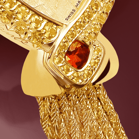 Schmuckuhr für besondere Frauen: Gaïa: Golduhr mit 70 Diamanten, Luz Zifferblatt jaune, vergoldete Hände, Spinelle, Armband aus Alligator rot