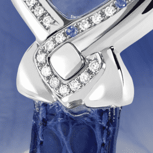 Elegante feminine Uhren für Damen: Indira: Stahluhr mit 42 Diamanten et 8 Saphiren , Zifferblatt Perlmutter blau, vernickelte Hände, Stahlcabochon, Armband aus Alligator blau