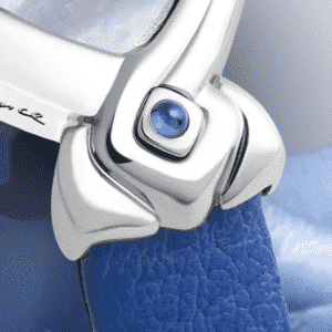 Armbanduhr für Frauen: Kate: Stahluhr, Zifferblat Perlmutter blau, vernickelte Hände, Stahlcabochon mit einem Saphir blau Lederarmbanduhr blau