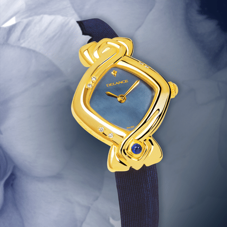 best watches for mom - May: Gold watch set with 6 diamonds, blue mother-of pearl dial, gold-plated hands, gold cabochon with a sapphire, azur sateen strap