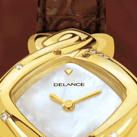 Armbanduhr für Frauen: My Mother's Watch: Golduhr mit 12 Diamanten et 5 Rubinen , Zifferblatt Perlmutter weiss, vergoldete Hände, Cabochon mit 3 Diamanten, Armband aus Alligator dunkel rot