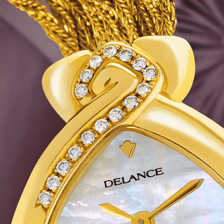 luxury watches birthday gift - New Life: Gold watch set with 32 diamonds, white mother-of pearl dial, gold-plated hands, gold cabochon with an amethyst, yellow gold cascade bracelet