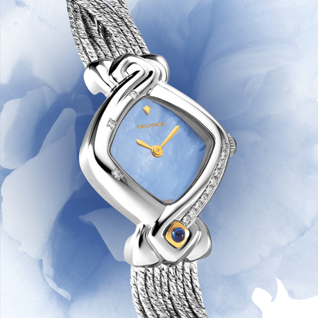best watches for mom - Noces d'étain: Steel watch set with 13 diamonds, blue mother-of pearl dial, gold-plated hands, gold cabochon with a sapphire, silver cascade bracelet