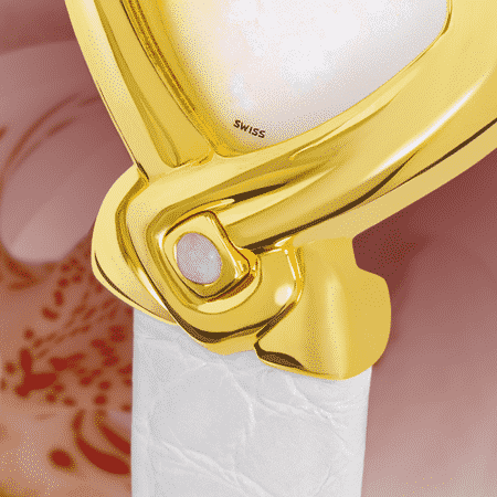 Die Uhr für die Braut : Orchidée: Golduhr, Zifferblatt Perlmutter weiss, vergoldete Hände, Goldcabochon mit opale weiss, Armband Alligator weiss