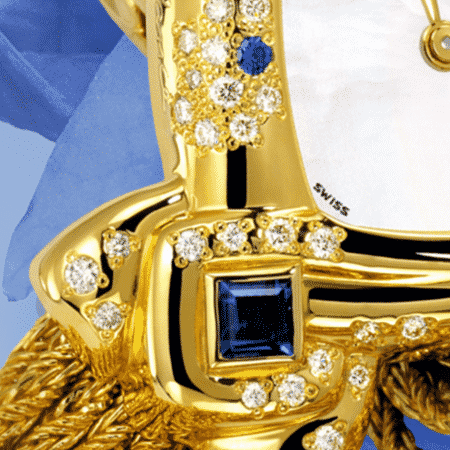 Schmuckuhr für besondere Frauen: Aïda: Golduhr mit 64 Diamanten et de 2 Saphiren , Zifferblatt Perlmutter weiss, vergoldete Hände, Goldcabochon mit Saphir, Goldarmband Cascade.