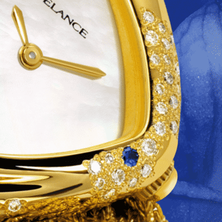 personalized watches for women - Aïda: Gold watch set with 64 diamonds and 2 sapphires, white mother-of pearl dial, gold-plated hands, gold cabochon with a sapphire, yellow gold cascade bracelet