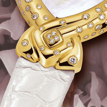 women's diamond watches - Esperanza: Gold watch set with 130 diamonds, white mother-of pearl dial, gold-plated hands, gold cabochon with 4 diamonds, white alligator strap