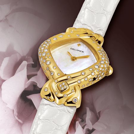 Esperanza : Montre en or sertie de 130 diamants, cadran nacre blanche, aiguilles dorées, cabochon en or avec 4 diamants à 6h, bracelet en alligator blanc