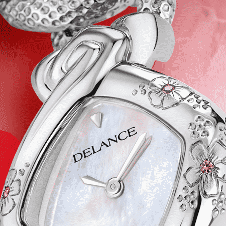 Elegante originelle Damen Uhr: Kanon acier: Stahlduhr mit 3 Blumen und 3 rosa Saphiren , Zifferblatt Perlmutter weiss, Stahlcabochon mit einem Diamanten, Armband aus Silber