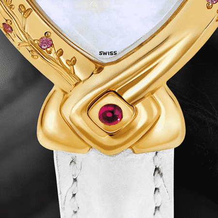 elegant feminine ladies watches - Miyuki: Gold watch engraved and set with 8 pink sapphires, white mother-of-pearl, gold-plated hands, ruby cabochon at 6 o’clock, white alligator strap.