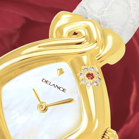 Elegante feminine Uhren für Damen: Padmâ: Golduhr mit 8 Diamanten und einem Rubin, Zifferblatt Perlmutter weiss, vergoldete Hände, Goldcabochon mit einem Rubin, Armband aus Alligator weiss