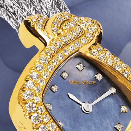 jewelry wrist watches for women - Princesse in blue: Gold watch set with 101 diamonds, blue mother-of pearl dial with 12 diamond hour indices, nickel-plated hands, steel cabochon with an hematit, white gold cascade bracelet