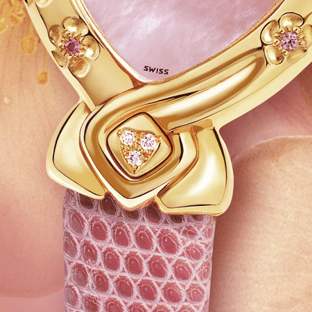 Elegant feminine ladies watches - Sakie: Gold watch engraved with 5 flower with 5 pink sapphire in the heart, pink mother-of-pearl dial, gold-plated hands, diamond cabochon at 6 o’clock, pink lizard strap.