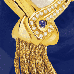 luxury watches birthday gift - Sweet Sixty: Gold watch set with 60 diamonds, white mother-of pearl dial, gold-plated hands, gold cabochon with a sapphire, yellow gold cascade bracelet