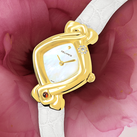White watches for women - White Lotus: Gold watch set with 9 diamonds, special white luz dial, gold-plated hands, gold cabochon with a ruby, white alligator strap