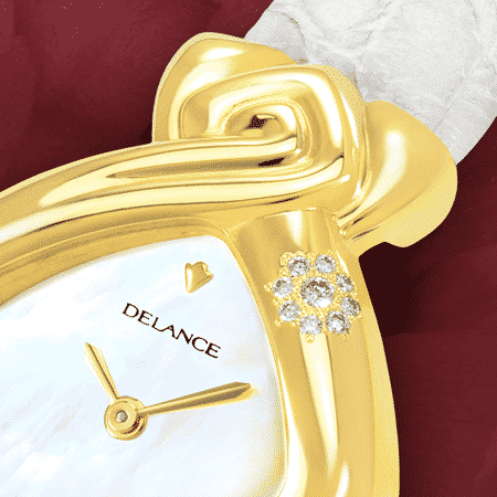White watches for women - White Lotus: Gold watch set with 9 diamonds, special white luz dial, gold-plated hands, gold cabochon with a ruby, white alligator strap