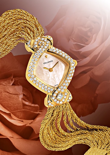 jewelry wrist watches for women - Princesse: Gold watch set with 101 diamonds, white mother-of pearl dial, gold-plated hands, gold cabochon with a diamond, yellow gold cascade bracelet (18 carats)