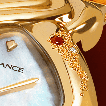 Personalized watches for women - Cometa: Gold watch engraved and set with a ruby, white mother-of pearl dial, gold-plated hands, gold cabochon with a ruby, yellow gold links bracelet