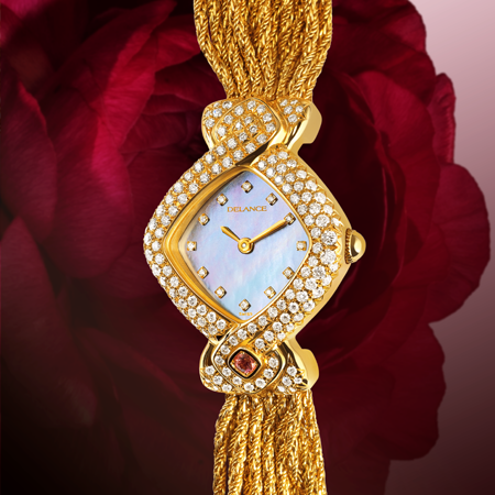 jewelry wrist watches for women - Diva blue: Gold watch set with 141 diamonds, pink mother-of pearl dial with 12 diamond hour indices, gold-plated hands, steel cabochon with a white opal, white gold cascade bracelet