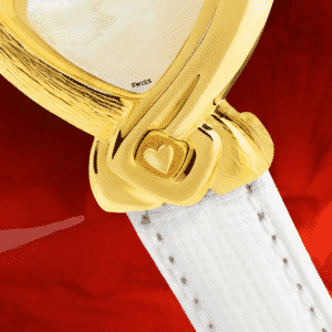 White watches for women - Paloma: Gold watch engraved and set with 8 diamonds and a ruby, white mother-of pearl dial, gold-plated hands, gold cabochon with a heart, white leather strap