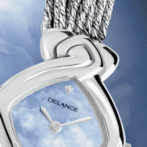 wedding watch - Perfect Ten in blue: Steel watch set with 10 sapphires, blue mother-of pearl, nickel-plated hands, steel cabochon with a sapphire, silver cascade bracelet