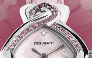Romantische Armbanduhr für Frauen: Pink Ribbon: Wasserdichte Uhr für Frau mit 24 Saphiren, Zifferblatt Perlmutter weiss, vernickelte Hände, Stahlcabochon mit 4 rosa Saphiren, Armband aus Alligator