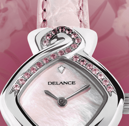 Romantische Armbanduhr für Frauen: Pink Ribbon: Wasserdichte Uhr für Frau mit 24 Saphiren, Zifferblatt Perlmutter weiss, vernickelte Hände, Stahlcabochon mit 4 rosa Saphiren, Armband aus Alligator