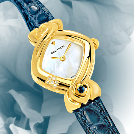 wedding watch - Hillary: Gold watch set with 7 diamonds, white mother-of pearl dial, gold-plated hands, gold cabochon with a sapphire, blue alligator strap