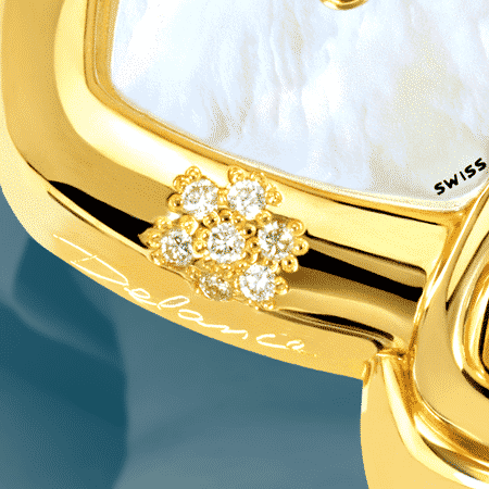Geschenke zuer Hochzeit: Hillary: Golduhr mit 7 Diamanten, Zifferblatt Perlmutter weiss, vergoldete Hände, Goldcabochon mit einem Saphir , Armband aus Alligator blau