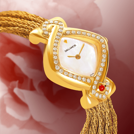 luxury wrist watches for women - Infinity gold cascade : Gold watch set with 50 diamonds, white mother-of pearl dial, gold-plated hands, gold cabochon with a ruby, yellow gold cascade bracelet