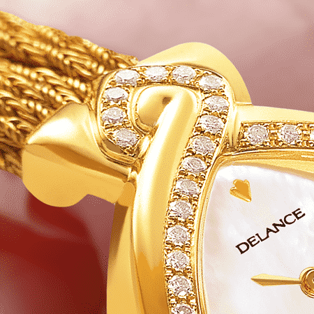 Besten Luxusuhren für die Frau: Infinity Gold cascade: Golduhr mit 50 Diamanten, Zifferblatt Perlmutter weiss, vergoldete Hände, Goldcabochon mit einem Rubin, Goldarmband Cascade