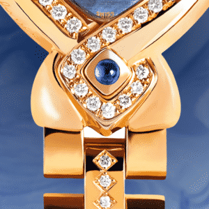 luxury wrist watches for women - Infinity gold link: Pink gold watch set with 50 diamonds, white mother-of pearl dial, gold-plated hands, gold cabochon with a sapphire, bracelet of gold links set with 24 diamonds