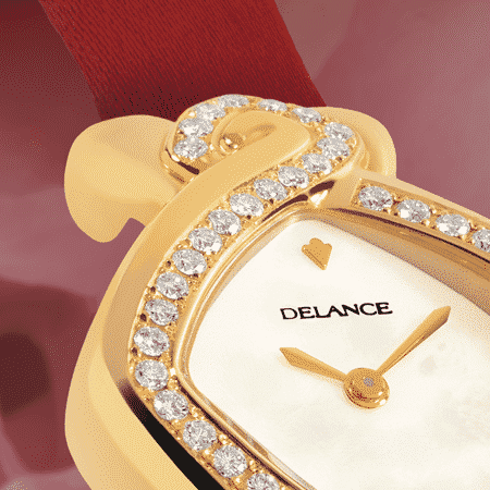 Luxury wrist watches for women - Infinity gold satin : Gold watch set with 50 diamonds, white mother-of pearl dial, gold-plated hands, gold cabochon with a ruby, red satin strap