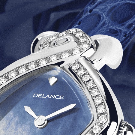 Besten Luxusuhren für die Frau: Infinity steel alligator: Stahlduhr mit 50 Diamanten, Zifferblatt Perlmutter blau, vernickelte Hände, Stahlcabochon, Armband aus Alligator blau