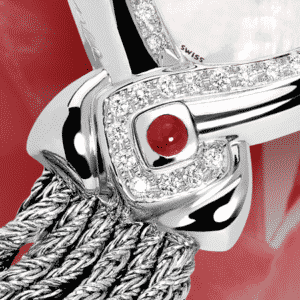 Besten Luxusuhren für die Frau: Infinity steel cascade : Stahlduhr mit 50 Diamanten, Zifferblatt Perlmutter weiss, vernickelte Hände, Stahlcabochon mit Rubin, Armband Cascade aus Silber