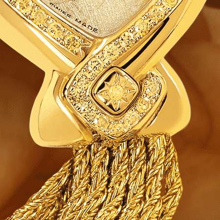 Besten Luxusuhren für die Frau: Jonquille: Golduhr mit 50 gelben Diamanten, Luz Zifferblatt, vergoldete Hände, Goldcabochon mit einem gelben Diamant, Goldarmband Cascade