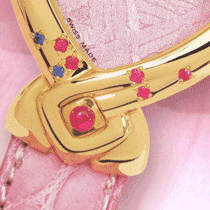 Pink women watches Just for you: Gold watch set with 13 rubies and 4 sapphires, special pink luz dial, gold-plated hands, gold cabochon with a ruby, pink alligator strap