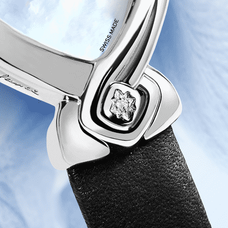 Originelle Armbanduhren für Frauen: Origine: Stahluhr, Zifferblatt Perlmutter weiss, vernickelte Hände, Stahlcabochon mit einem Diamanten, Lederarmbanduhr schwarz