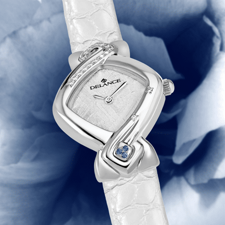 wedding watch - Something blue: Steel watch set with 16 diamonds, white luz dial, nickel-plated hands, steel cabochon with 3 sapphires, white alligator strap